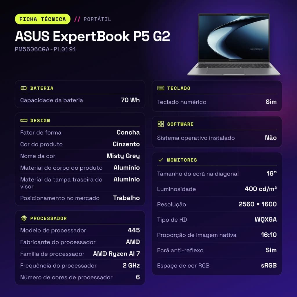 Portable ASUS ExpertBook P5 G2 16Go/512Go 16 pouces WQXGA AMD Ryzen AI 7 445 SSD Sans Système d'Exploitation Gris - 70 Wh