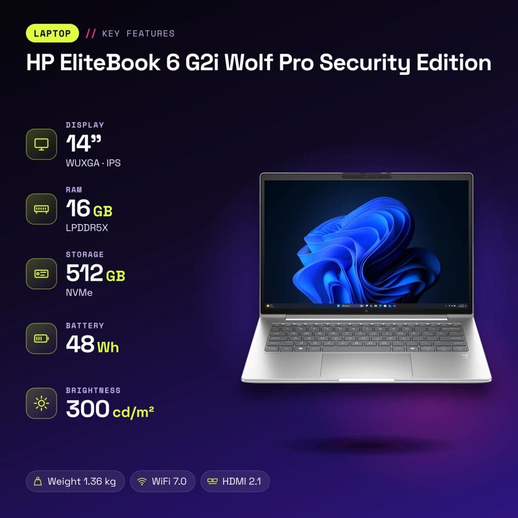 Portátil HP EliteBook 6 G2i Wolf Pro Security Edition 16GB/512GB 14 pulgadas WUXGA Intel Core 5 320 SSD Plata - 16 GB