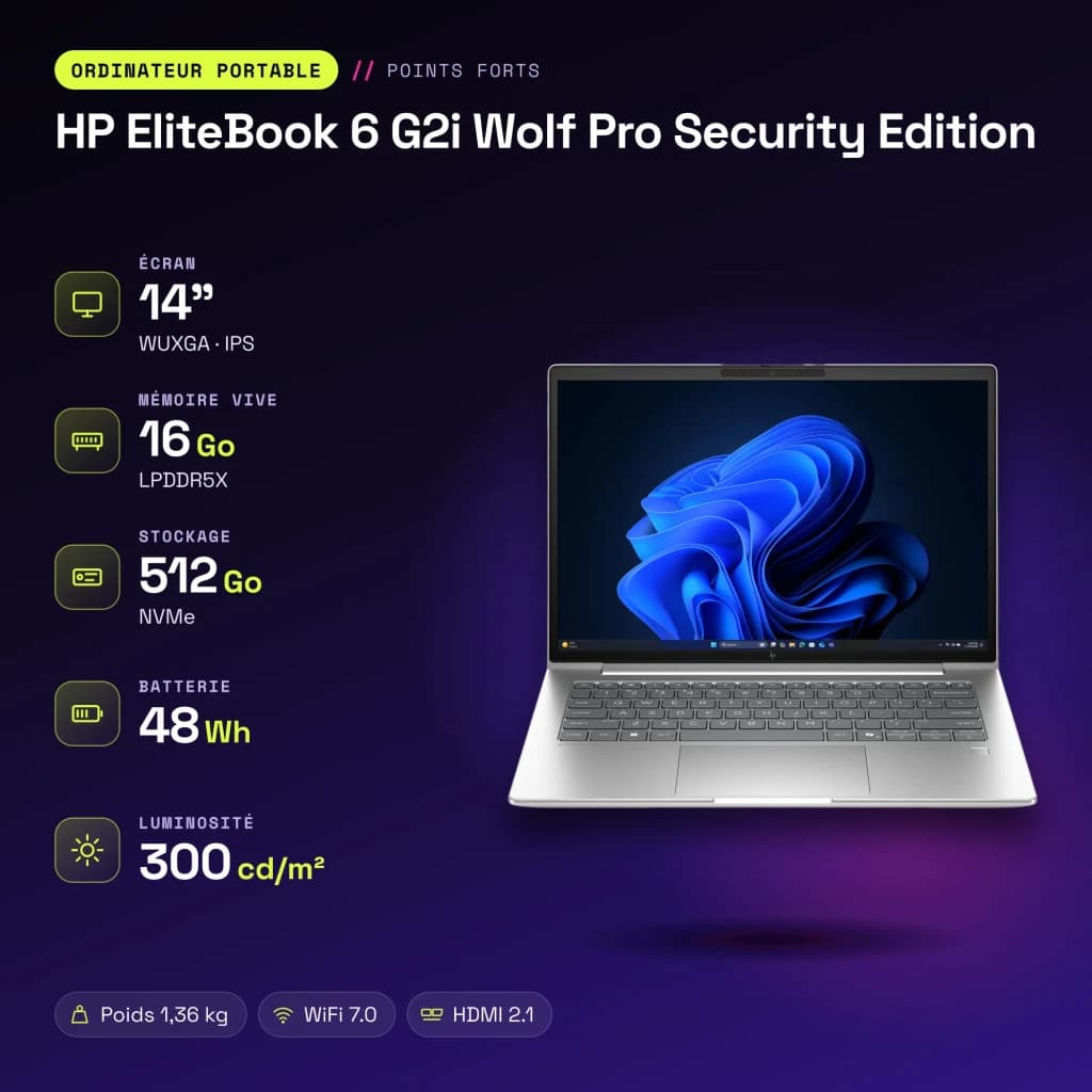 Portátil HP EliteBook 6 G2i Wolf Pro Security Edition 16GB/512GB 14 pulgadas WUXGA Intel Core 5 320 SSD Plata - 8533 MHz