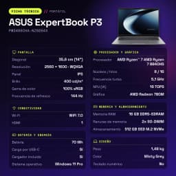 Portátil ASUS ExpertBook P3 16GB/512GB 14 polegadas WQXGA AMD Ryzen 7 8840HS SSD Windows 11 Pro Cinzento PM3406CHA-NZ0264X