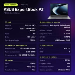 Portátil ASUS ExpertBook P3 16GB/512GB 14 polegadas WQXGA AMD Ryzen 7 8840HS SSD Windows 11 Pro Cinzento PM3406CHA-NZ0264X