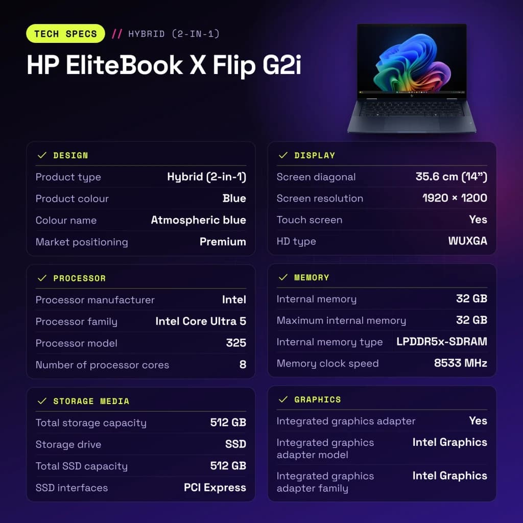 Portátil HP EliteBook X Flip G2i 32GB/512GB 14 pulgadas Táctil Intel Core Ultra 5 325 SSD Windows 11 Pro Azul - 1,29 kg