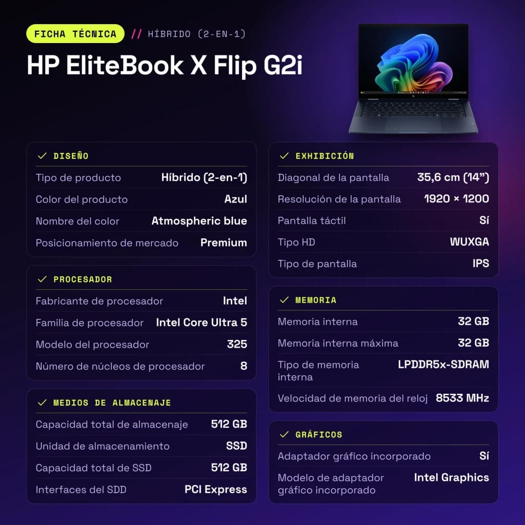 Portátil HP EliteBook X Flip G2i 32GB/512GB 14 pulgadas Táctil Intel Core Ultra 5 325 SSD Windows 11 Pro Azul - 56 Wh