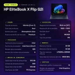 Portátil HP EliteBook X Flip G2i 32GB/512GB 14 pulgadas Táctil Intel Core Ultra 5 325 SSD Windows 11 Pro Azul - 56 Wh