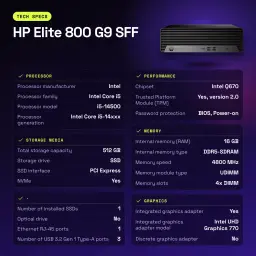 Ordenador Sobremesa HP Elite 800 G9 SFF 16GB/512GB Negro Intel Core i5-14500 SSD Windows 11 Pro - características, 4800 MHz