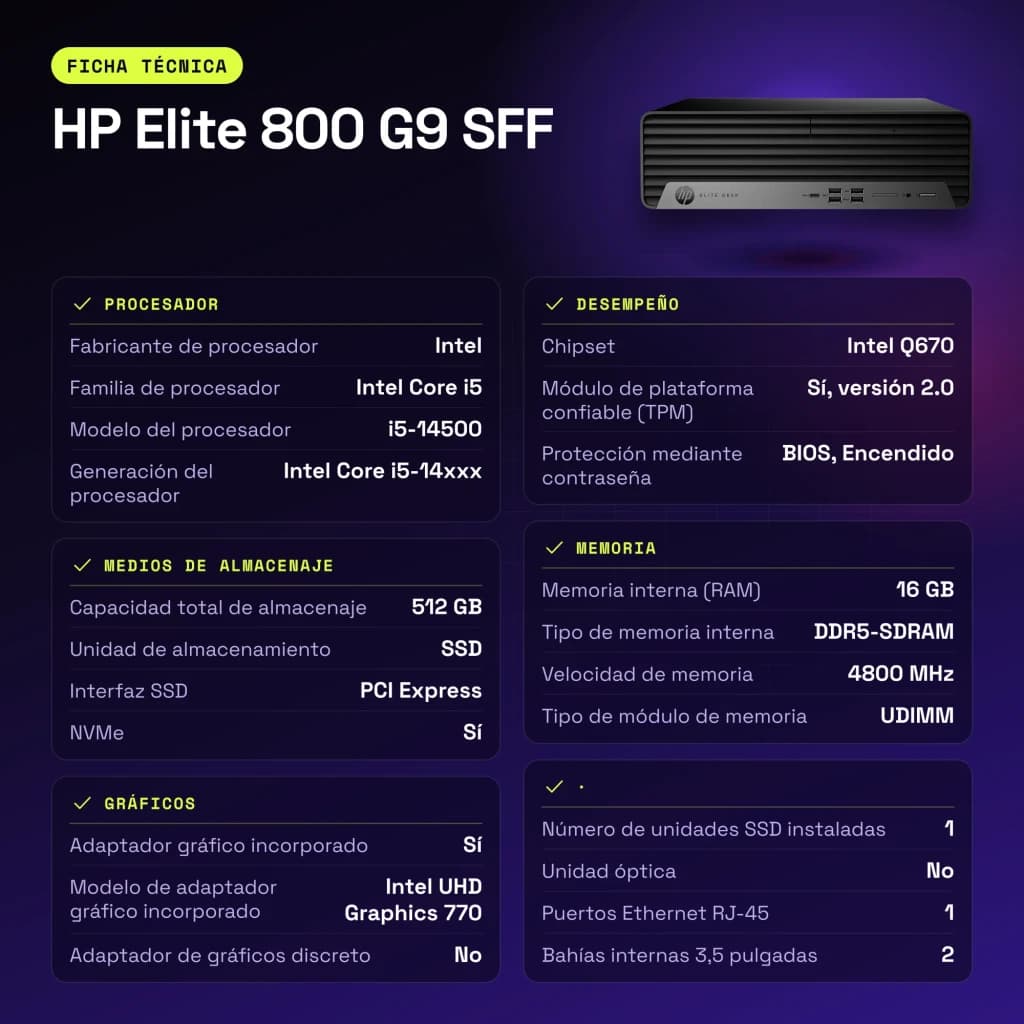 Ordenador Sobremesa HP Elite 800 G9 SFF 16GB/512GB Negro Intel Core i5-14500 SSD Windows 11 Pro - características, 16 GB