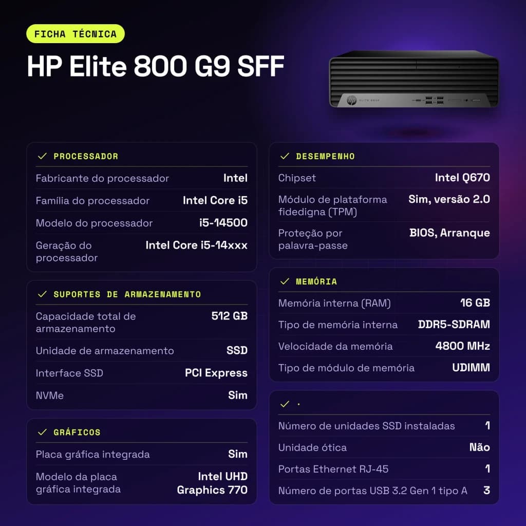 Ordenador Sobremesa HP Elite 800 G9 SFF 16GB/512GB Negro Intel Core i5-14500 SSD Windows 11 Pro - características, 512 GB