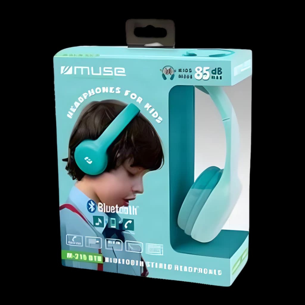 Casque Muse BTB Supra-Auriculaire Bluetooth 13h Bleu M-215 - packaging bleu avec enfant et casque, limite 85dB