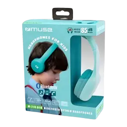 Casque Muse BTB Supra-Auriculaire Bluetooth 13h Bleu M-215 - packaging bleu avec enfant et casque, limite 85dB