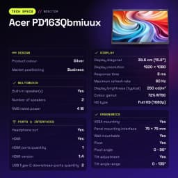 Monitor Portátil Acer 15.6 polegadas FHD IPS 60Hz 8 ms Prata PD163Qbmiuux - características, 75 x 75 mm