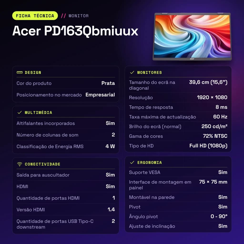 Monitor Portátil Acer 15.6 polegadas FHD IPS 60Hz 8 ms Prata PD163Qbmiuux - características