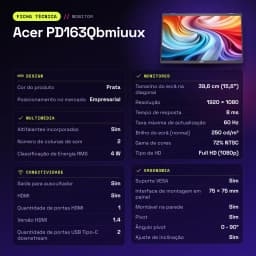Monitor Portátil Acer 15.6 polegadas FHD IPS 60Hz 8 ms Prata PD163Qbmiuux - características
