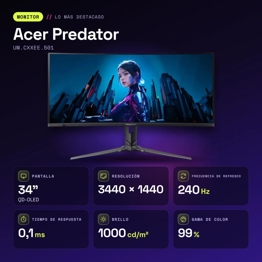 Monitor Acer Predator 34 polegadas QD-OLED 240Hz Curvo UWQHD Preto UM.CXXEE.501 - características