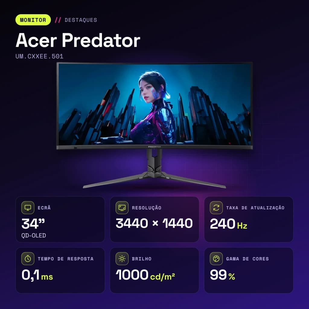 Monitor Acer Predator 34 polegadas QD-OLED 240Hz Curvo UWQHD Preto UM.CXXEE.501 - características, 1000 cd / m²