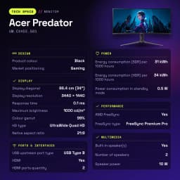 Monitor Acer Predator 34 polegadas QD-OLED 240Hz Curvo UWQHD Preto UM.CXXEE.501 - características, 0,231 x 0,231 mm