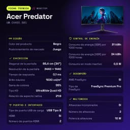 Monitor Acer Predator 34 polegadas QD-OLED 240Hz Curvo UWQHD Preto UM.CXXEE.501 - características, 250 cd / m²
