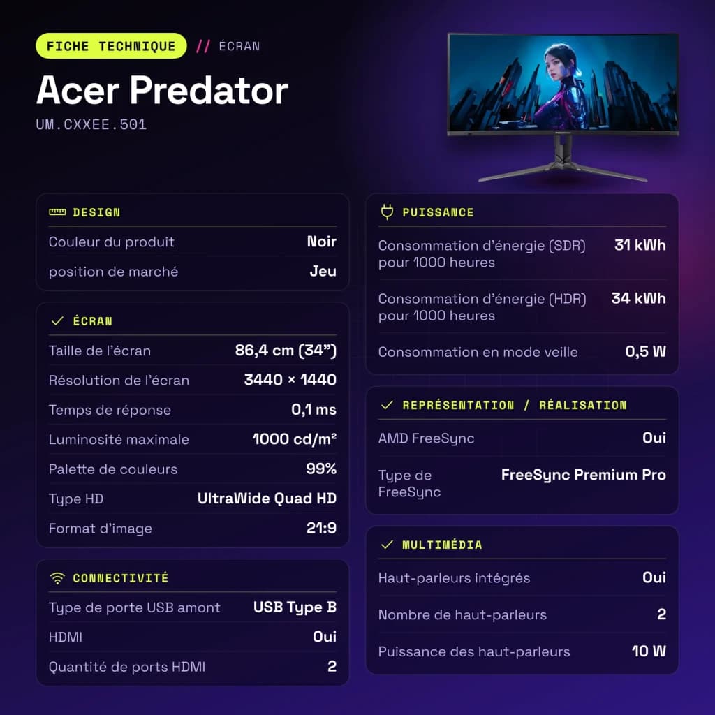 Monitor Acer Predator 34 polegadas QD-OLED 240Hz Curvo UWQHD Preto UM.CXXEE.501 - características, 240 Hz