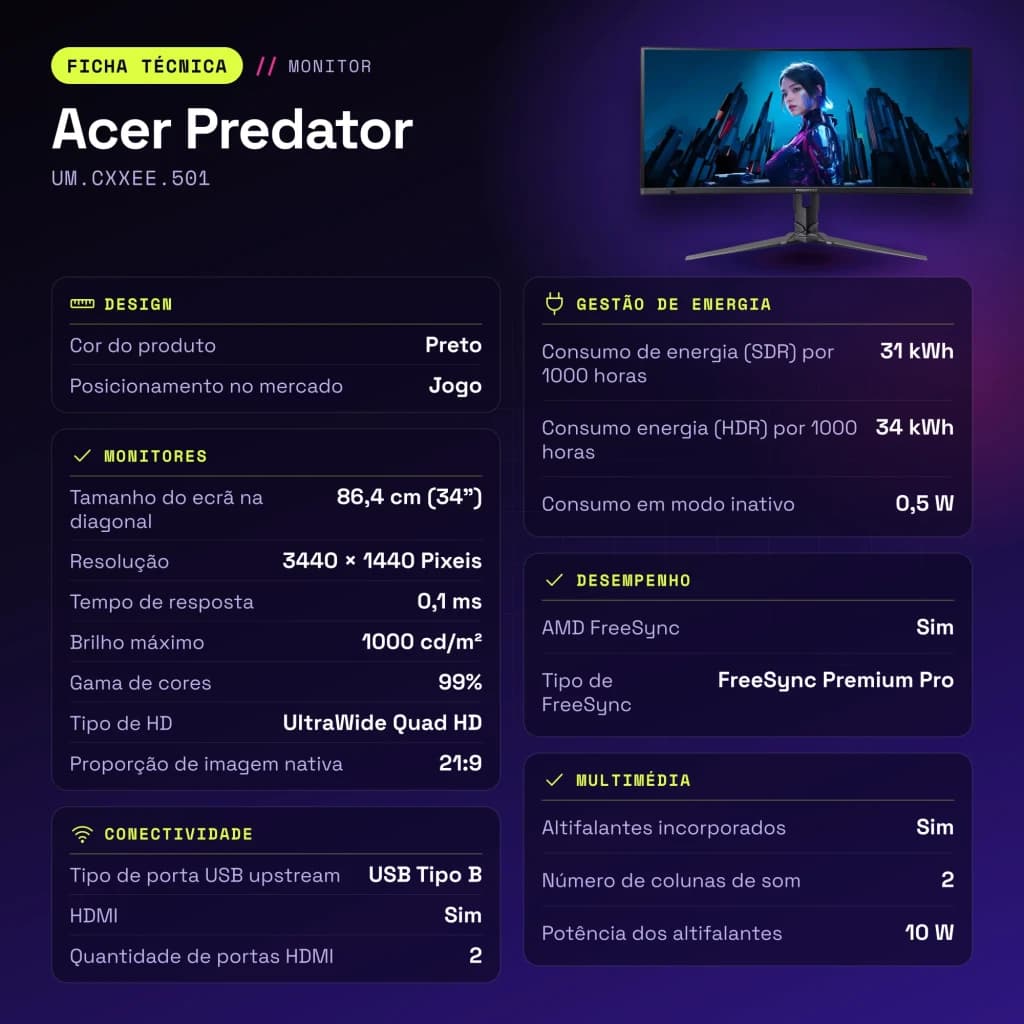 Monitor Acer Predator 34 polegadas QD-OLED 240Hz Curvo UWQHD Preto UM.CXXEE.501 - características, 48 Hz