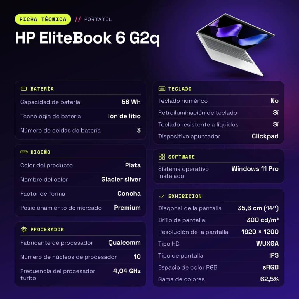 PC portable HP EliteBook 6 G2q 16Go/512Go 14 pouces WUXGA IPS Qualcomm Snapdragon X2 Plus X2P-64-100 SSD Windows 11 Pro