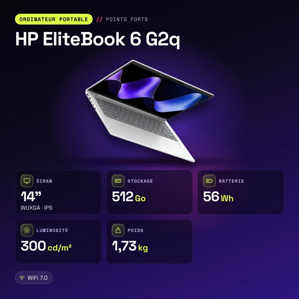 PC portable HP EliteBook 6 G2q 16Go/512Go 14 pouces WUXGA IPS Qualcomm Snapdragon X2 Plus X2P-64-100 SSD Windows 11 Pro