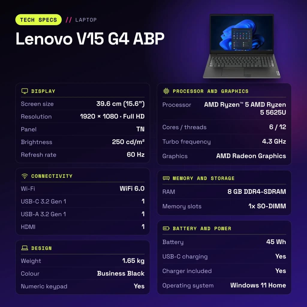 Portátil Lenovo V15 G4 ABP 8GB/512GB 15,6 pulgadas Full HD AMD Ryzen 5 5625U SSD Windows 11 Home Negro business - 1 x 8 GB