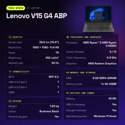 Portátil Lenovo V15 G4 ABP 8GB/512GB 15,6 pulgadas Full HD AMD Ryzen 5 5625U SSD Windows 11 Home Negro business - 1 x 8 GB