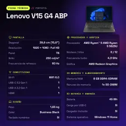 Portátil Lenovo V15 G4 ABP 8GB/512GB 15,6 pulgadas Full HD AMD Ryzen 5 5625U SSD Windows 11 Home Negro business - 3200 MHz