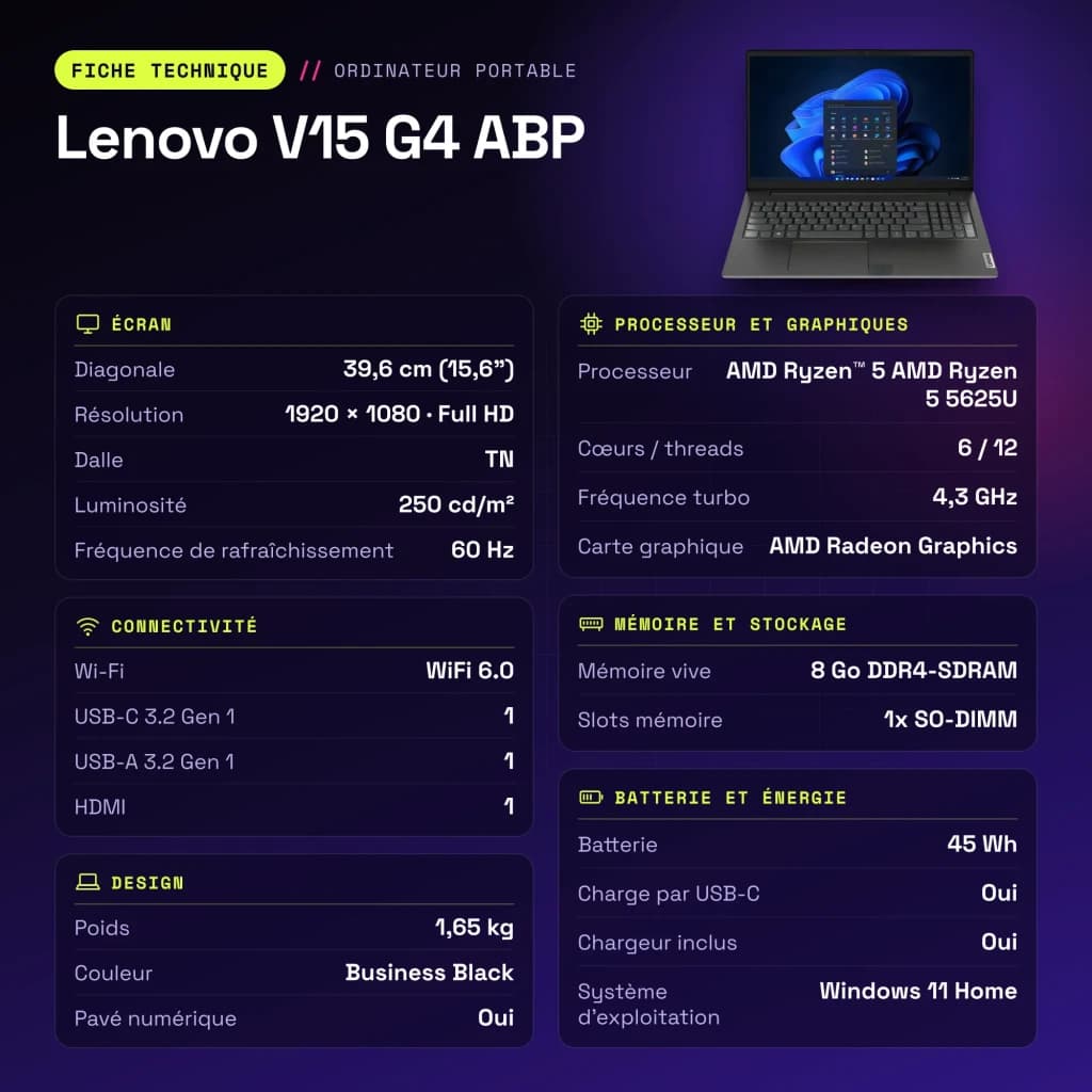 Portátil Lenovo V15 G4 ABP 8GB/512GB 15,6 pulgadas Full HD AMD Ryzen 5 5625U SSD Windows 11 Home Negro business - 512 GB