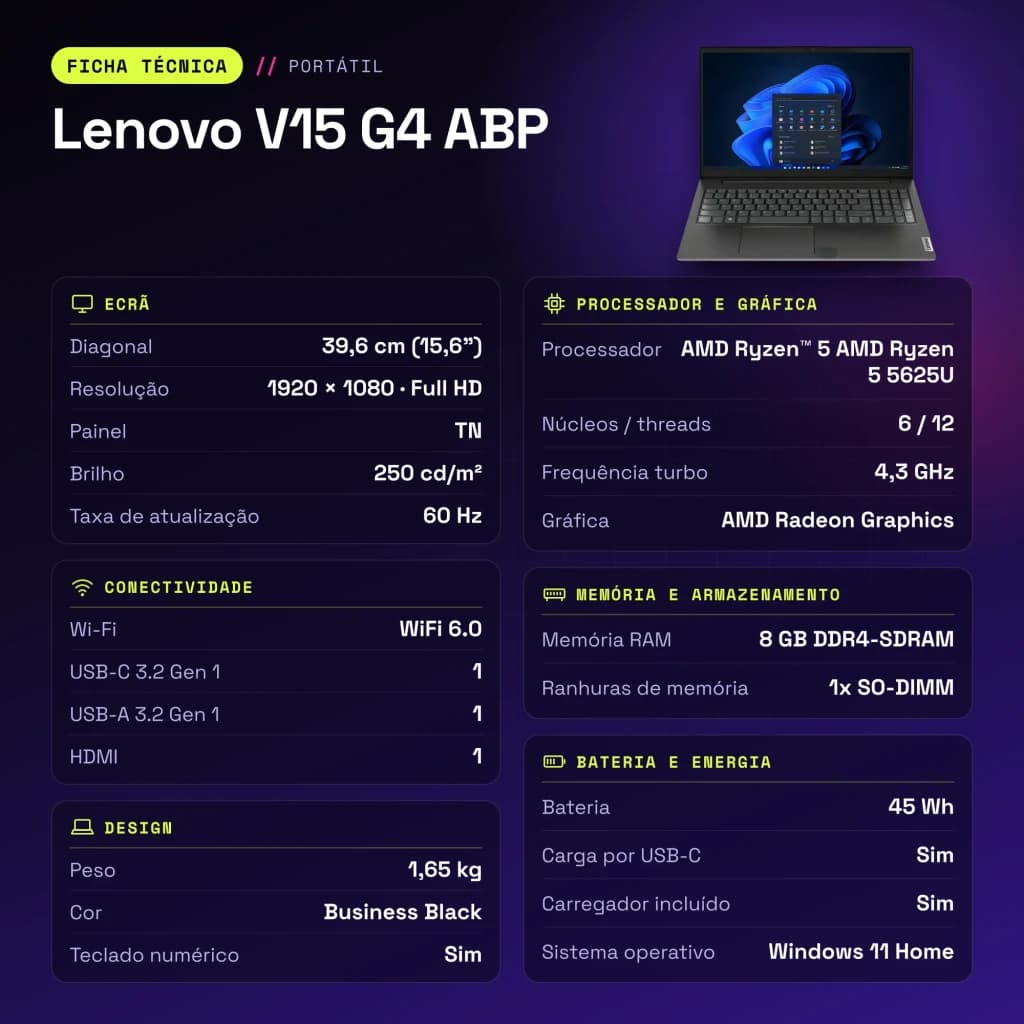 Portátil Lenovo V15 G4 ABP 8GB/512GB 15,6 pulgadas Full HD AMD Ryzen 5 5625U SSD Windows 11 Home Negro business - WiFi 6.0