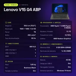 Portátil Lenovo V15 G4 ABP 8GB/512GB 15,6 pulgadas Full HD AMD Ryzen 5 5625U SSD Windows 11 Home Negro business - WiFi 6.0
