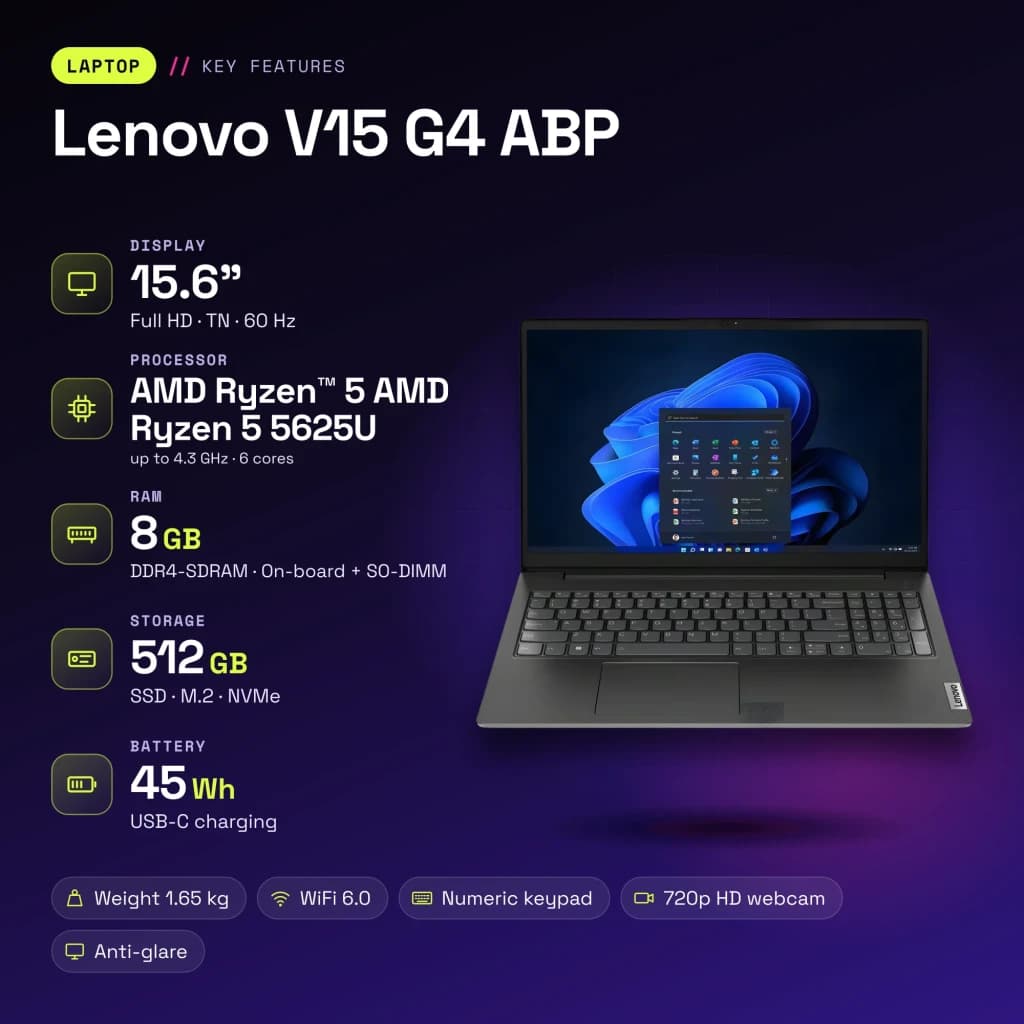 Portátil Lenovo V15 G4 ABP 8GB/512GB 15,6 pulgadas Full HD AMD Ryzen 5 5625U SSD Windows 11 Home Negro business - 3 MB
