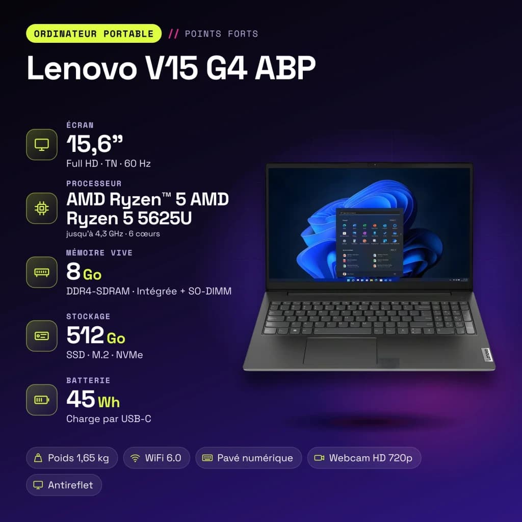 Portátil Lenovo V15 G4 ABP 8GB/512GB 15,6 pulgadas Full HD AMD Ryzen 5 5625U SSD Windows 11 Home Negro business - 8 GB