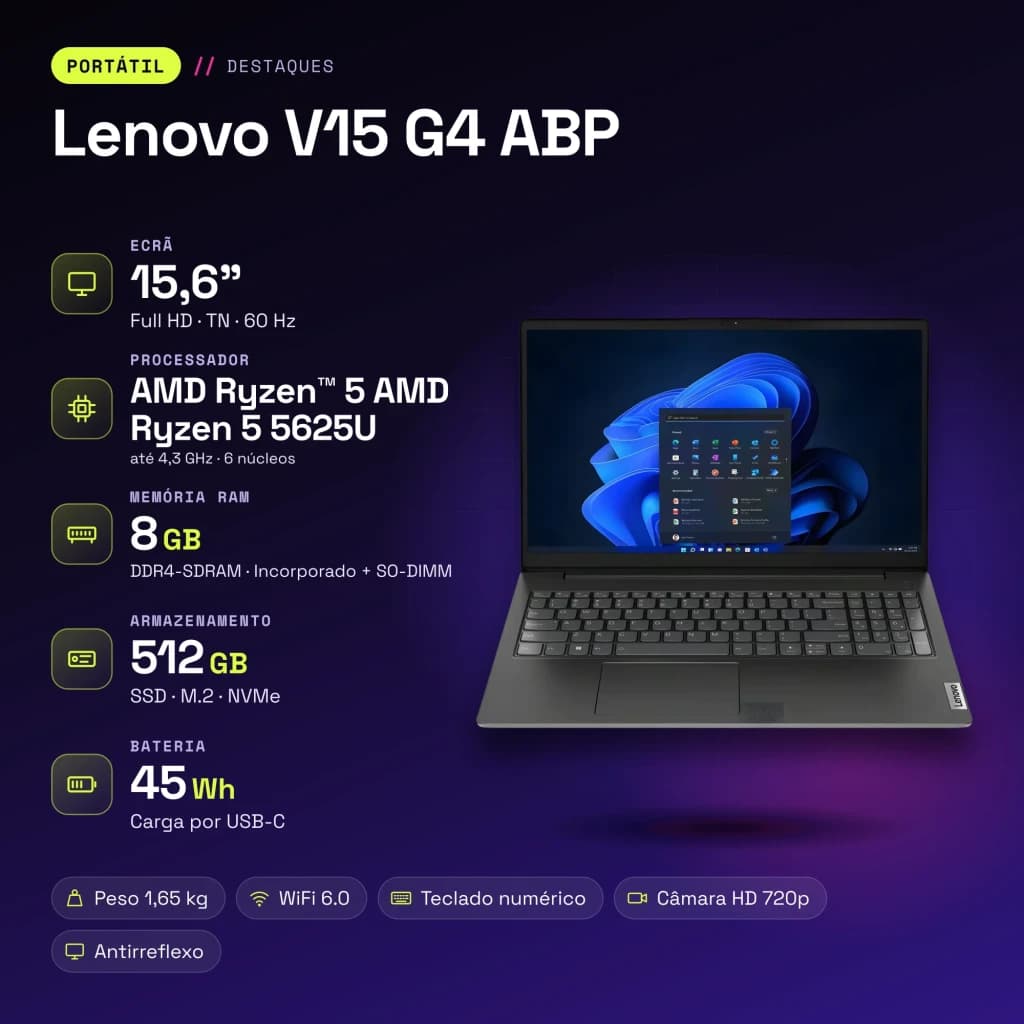 Portátil Lenovo V15 G4 ABP 8GB/512GB 15,6 pulgadas Full HD AMD Ryzen 5 5625U SSD Windows 11 Home Negro business - 16 GB
