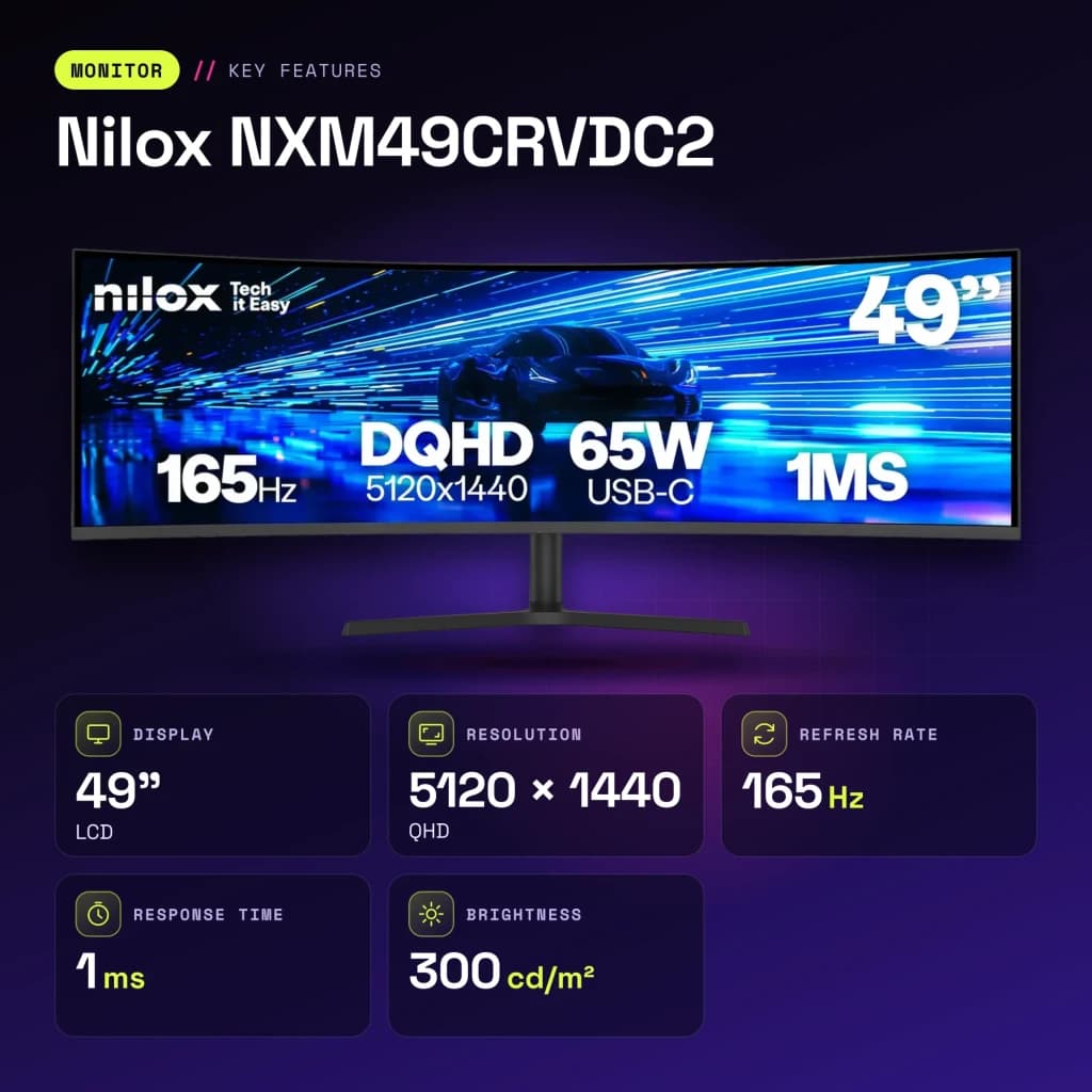 Moniteur Nilox 49 pouces 165Hz Incurvé Dual QHD VA Noir NXM49CRVDC2 - caractéristiques, LCD