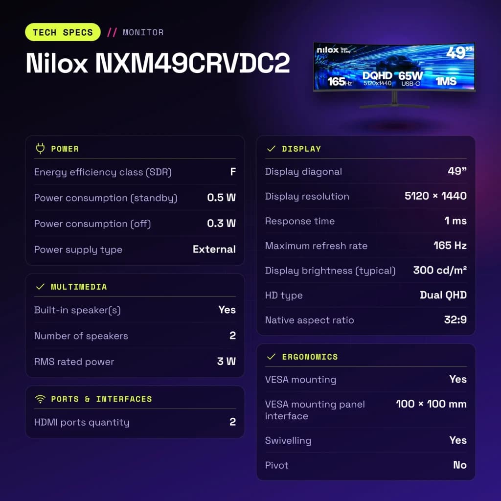 Moniteur Nilox 49 pouces 165Hz Incurvé Dual QHD VA Noir NXM49CRVDC2 - caractéristiques, 100 x 100 mm