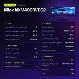Moniteur Nilox 49 pouces 165Hz Incurvé Dual QHD VA Noir NXM49CRVDC2 - caractéristiques, 100 x 100 mm