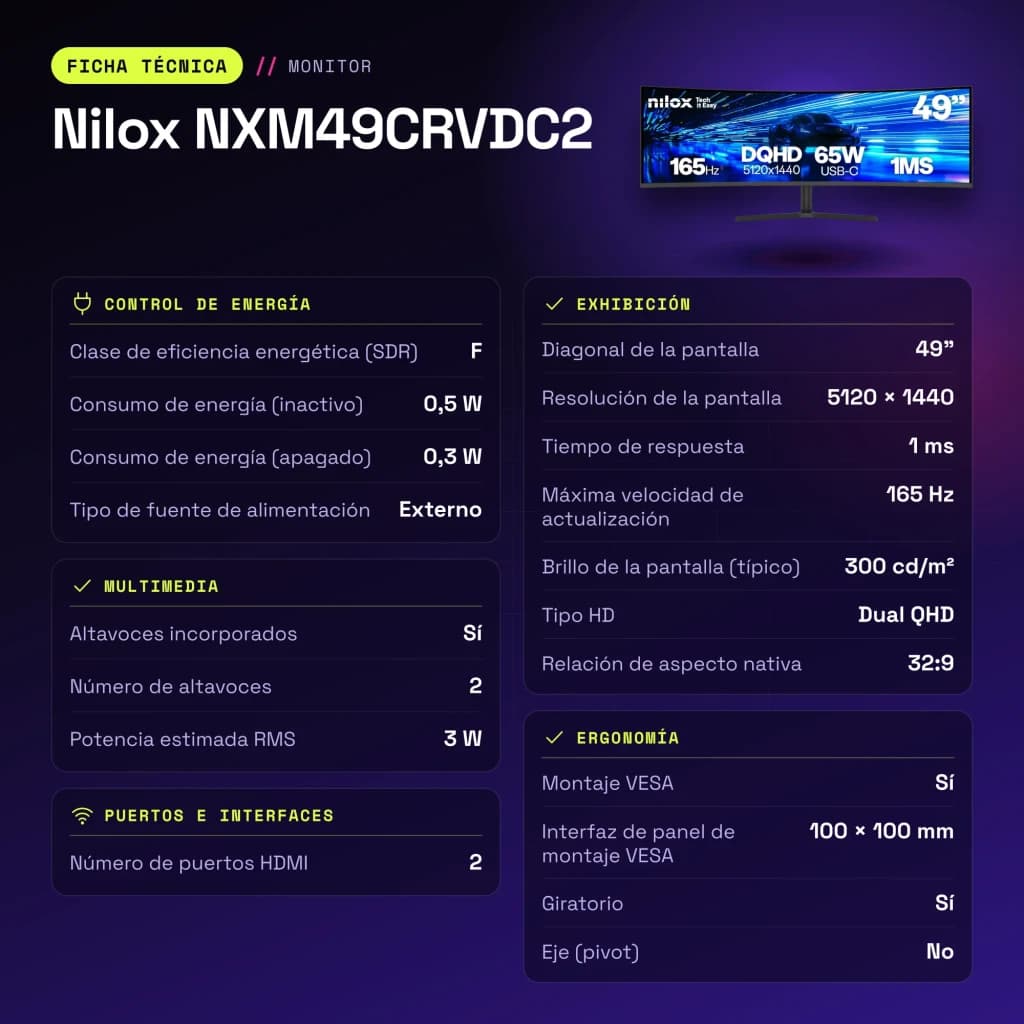 Moniteur Nilox 49 pouces 165Hz Incurvé Dual QHD VA Noir NXM49CRVDC2 - caractéristiques, 300 cd/m²