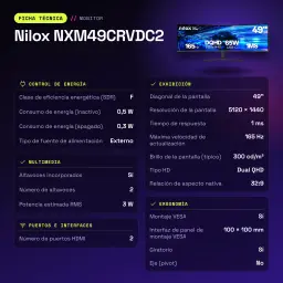 Moniteur Nilox 49 pouces 165Hz Incurvé Dual QHD VA Noir NXM49CRVDC2 - caractéristiques, 300 cd/m²
