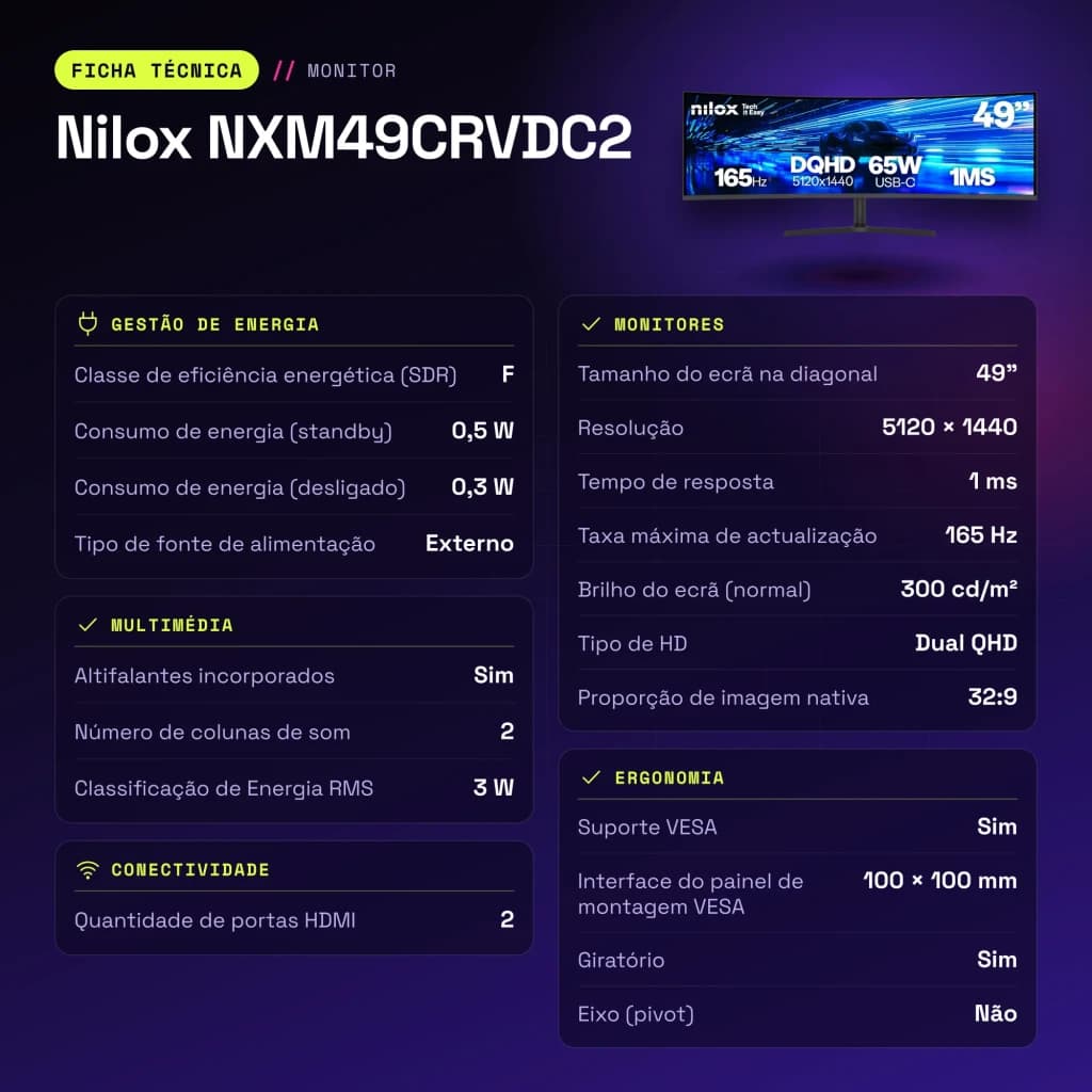 Moniteur Nilox 49 pouces 165Hz Incurvé Dual QHD VA Noir NXM49CRVDC2 - caractéristiques