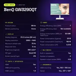 Monitor BenQ 31.5 pulgadas QHD IPS 75Hz 5 ms Blanco GW3290QT - características, Sí, 100 x 100 mm