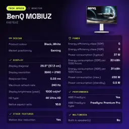 Monitor gaming BenQ MOBIUZ 26,5 pulgadas OLED 240Hz 4K IPS Negro/Blanco EX271UZ - características, 250 cd/m²