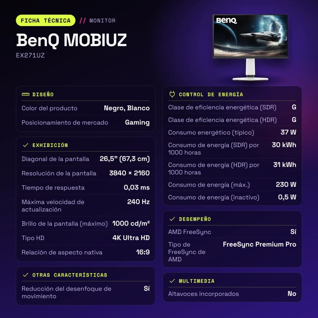 Monitor gaming BenQ MOBIUZ 26,5 pulgadas OLED 240Hz 4K IPS Negro/Blanco EX271UZ - características, 1000 cd/m²
