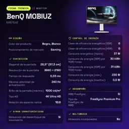 Monitor gaming BenQ MOBIUZ 26,5 pulgadas OLED 240Hz 4K IPS Negro/Blanco EX271UZ - características, 1000 cd/m²