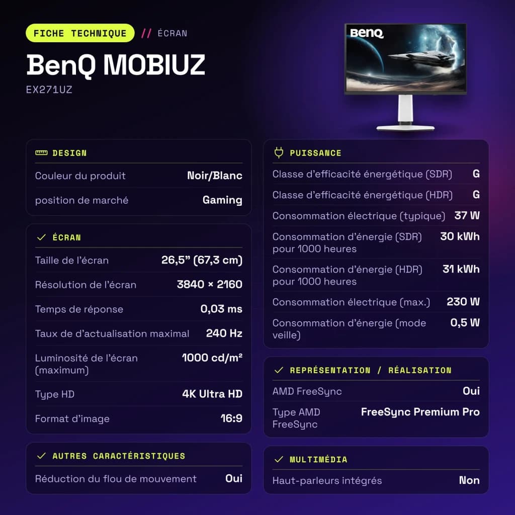Monitor gaming BenQ MOBIUZ 26,5 pulgadas OLED 240Hz 4K IPS Negro/Blanco EX271UZ - características, Sí (3,5 mm)