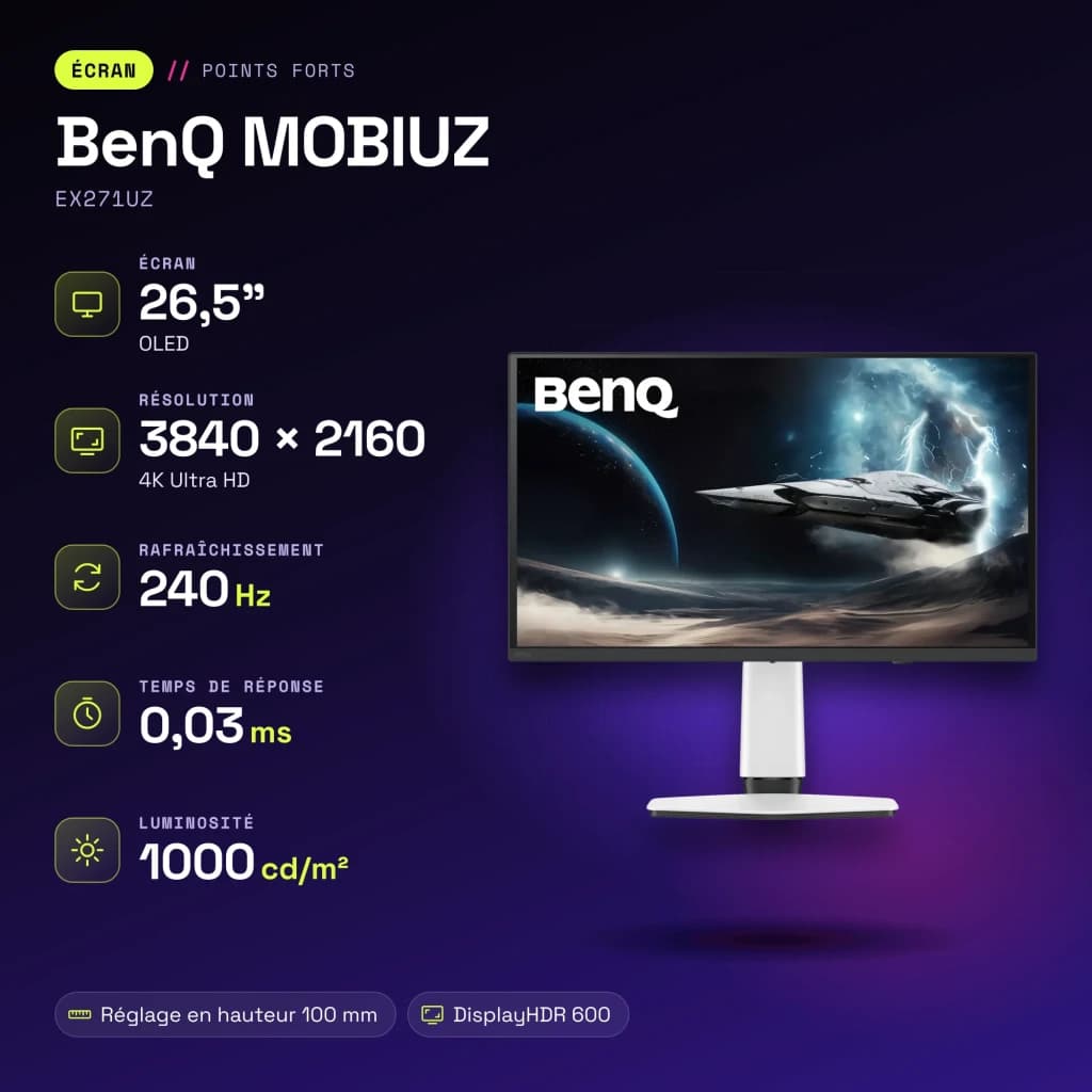 Monitor gaming BenQ MOBIUZ 26,5 pulgadas OLED 240Hz 4K IPS Negro/Blanco EX271UZ - características, 0,03 ms