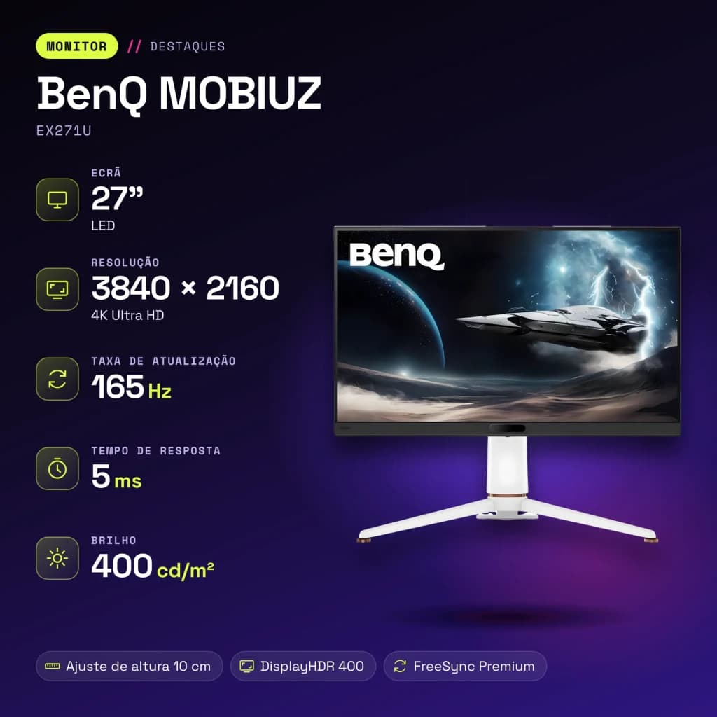 Écran gaming BenQ MOBIUZ 27 pouces 165Hz 4K IPS Noir/Blanc EX271U - caractéristiques, 400 cd/m²