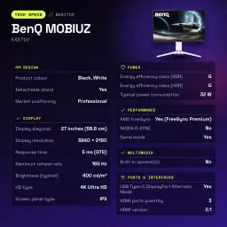 Écran gaming BenQ MOBIUZ 27 pouces 165Hz 4K IPS Noir/Blanc EX271U - caractéristiques, Sí (máx. 10 cm)