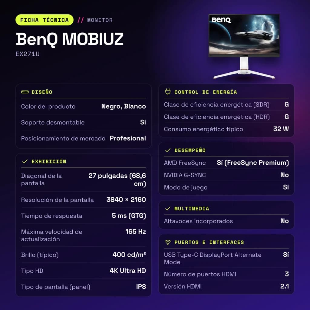 Écran gaming BenQ MOBIUZ 27 pouces 165Hz 4K IPS Noir/Blanc EX271U - caractéristiques, Sí (100 x 100 mm)