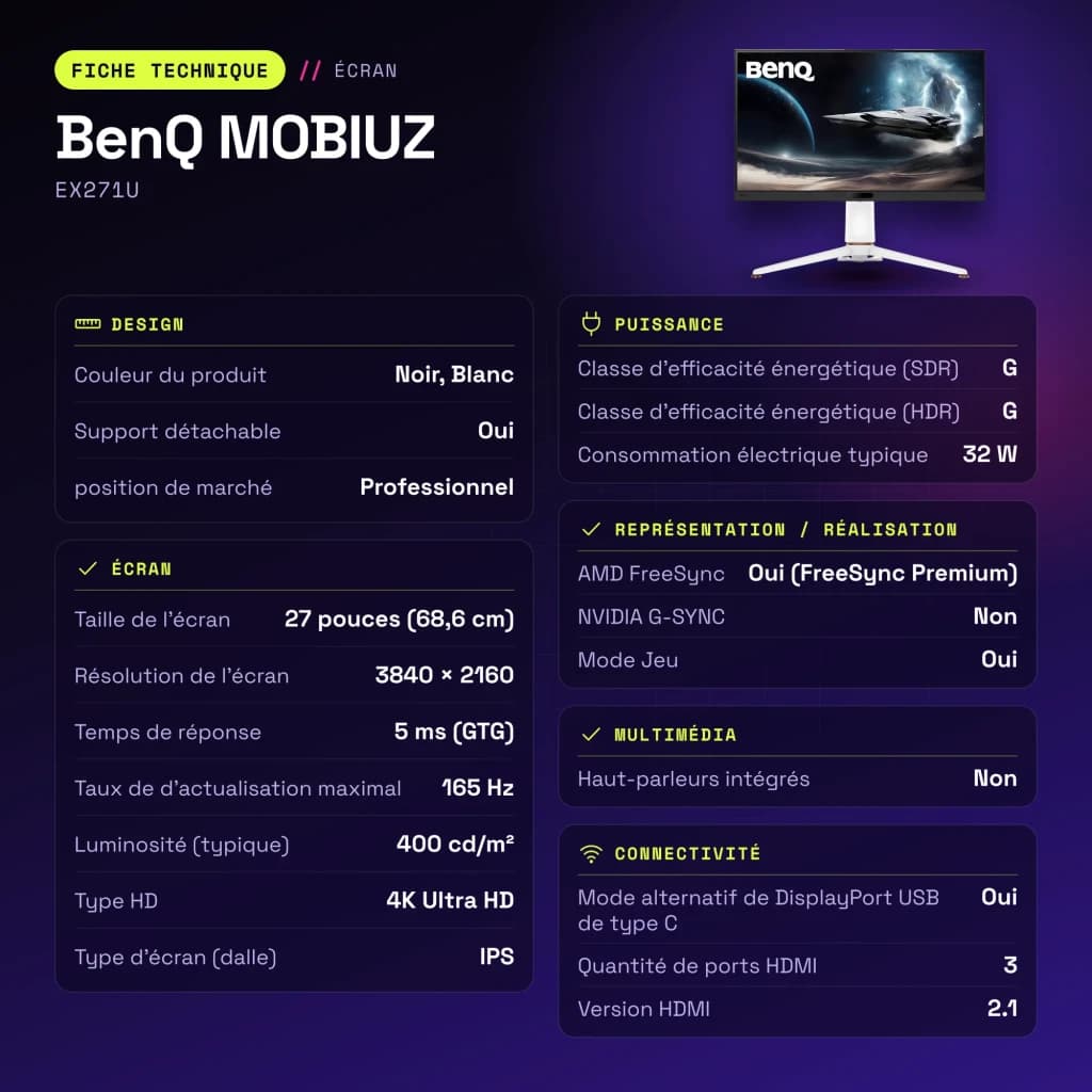 Écran gaming BenQ MOBIUZ 27 pouces 165Hz 4K IPS Noir/Blanc EX271U - caractéristiques, 614 mm