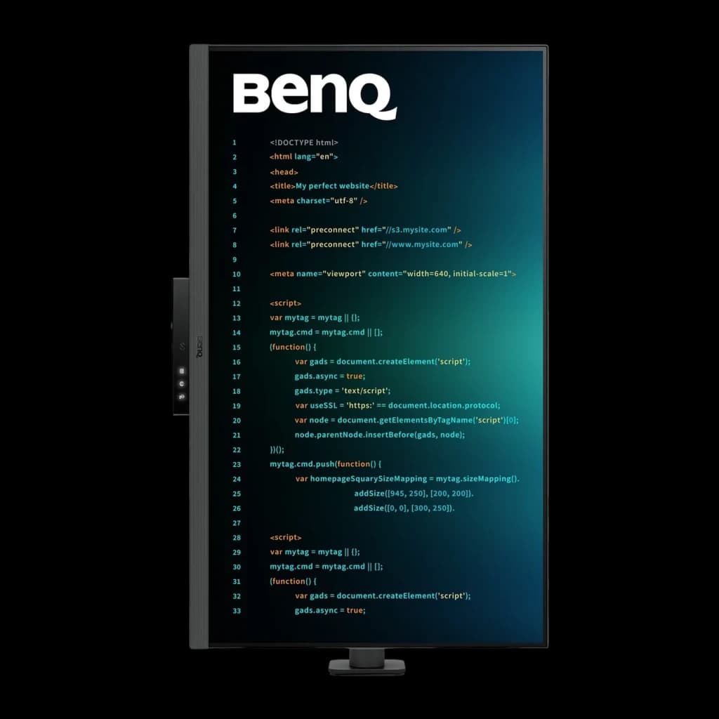 Monitor BenQ 31,5 pulgadas 4K IPS 60Hz 5 ms Negro RD320UA - pantalla con código HTML en modo oscuro y logo BenQ